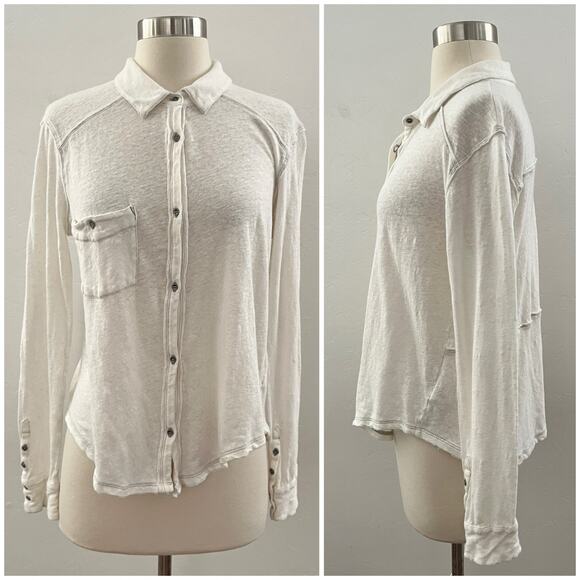 Free People We the Free Caroline Contrast Stitch Slub Shirt Linen Large White - Picture 1 of 11